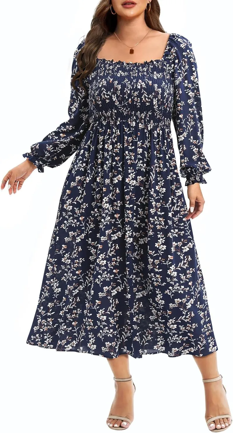 Women's Plus Size Boho Floral Print Balloon Long Sleeve Square Neck Long Midi Dress with Pockets