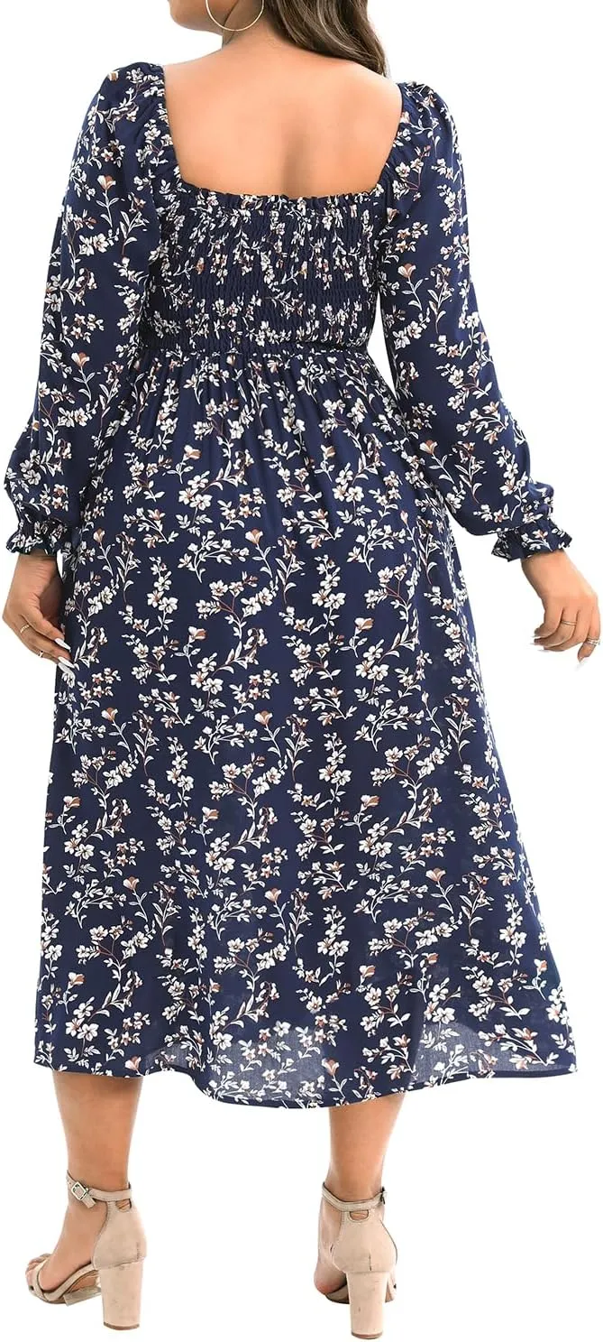 Women's Plus Size Boho Floral Print Balloon Long Sleeve Square Neck Long Midi Dress with Pockets