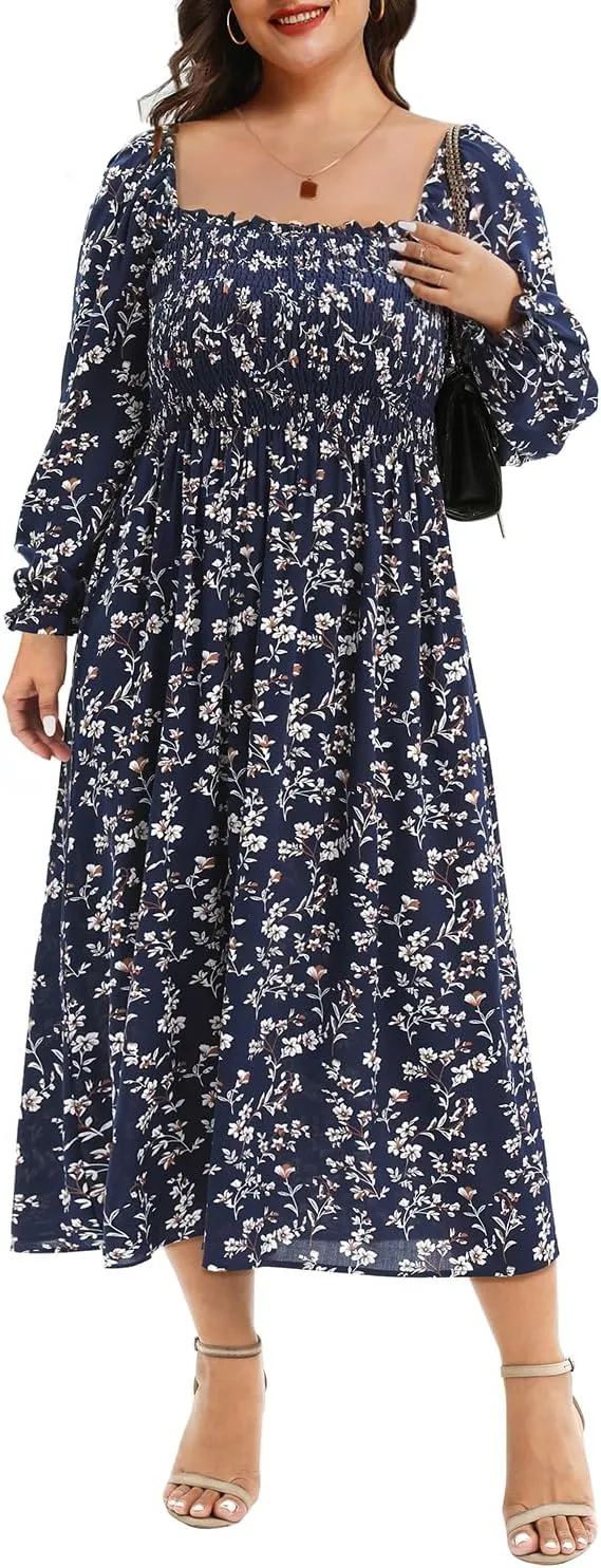 Women's Plus Size Boho Floral Print Balloon Long Sleeve Square Neck Long Midi Dress with Pockets