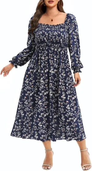 Women's Plus Size Boho Floral Print Balloon Long Sleeve Square Neck Long Midi Dress with Pockets