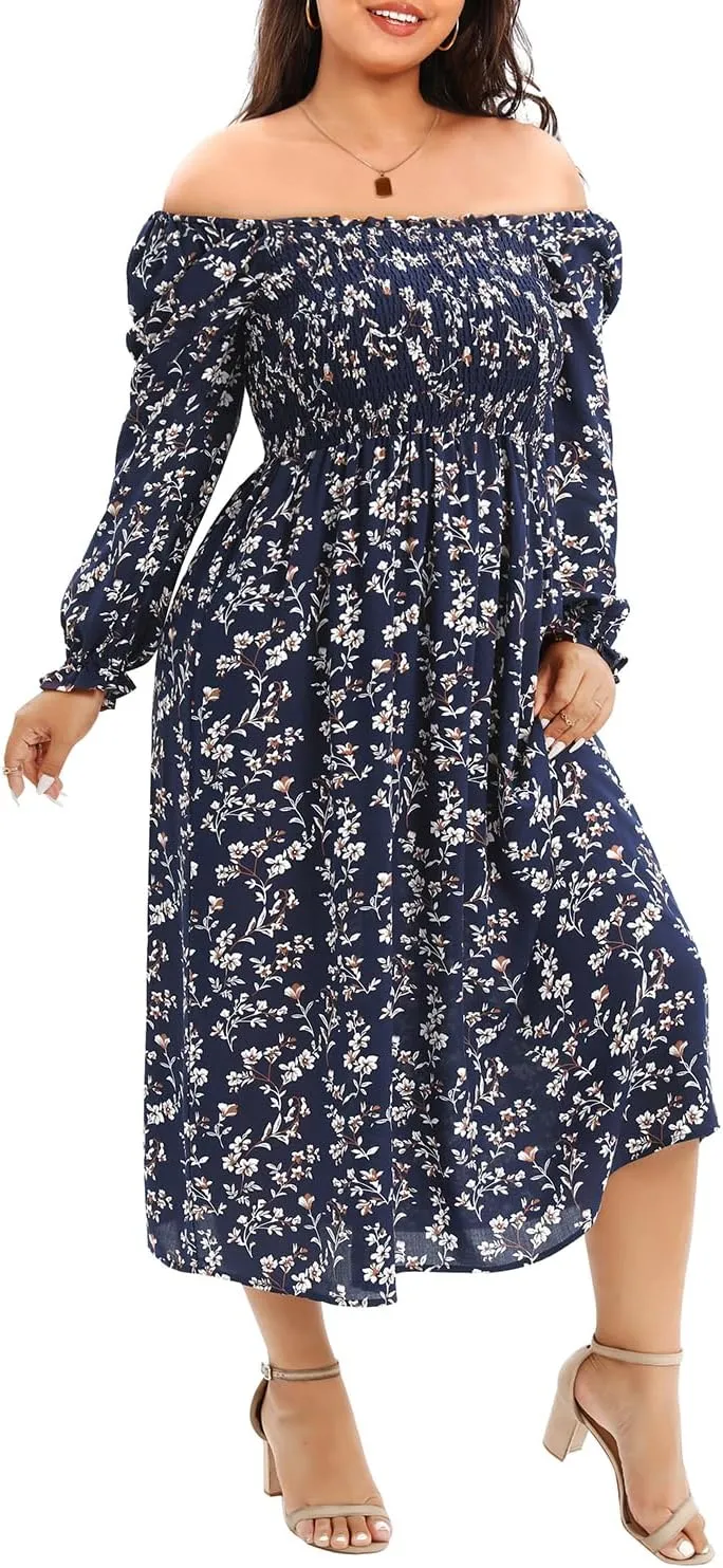 Women's Plus Size Boho Floral Print Balloon Long Sleeve Square Neck Long Midi Dress with Pockets