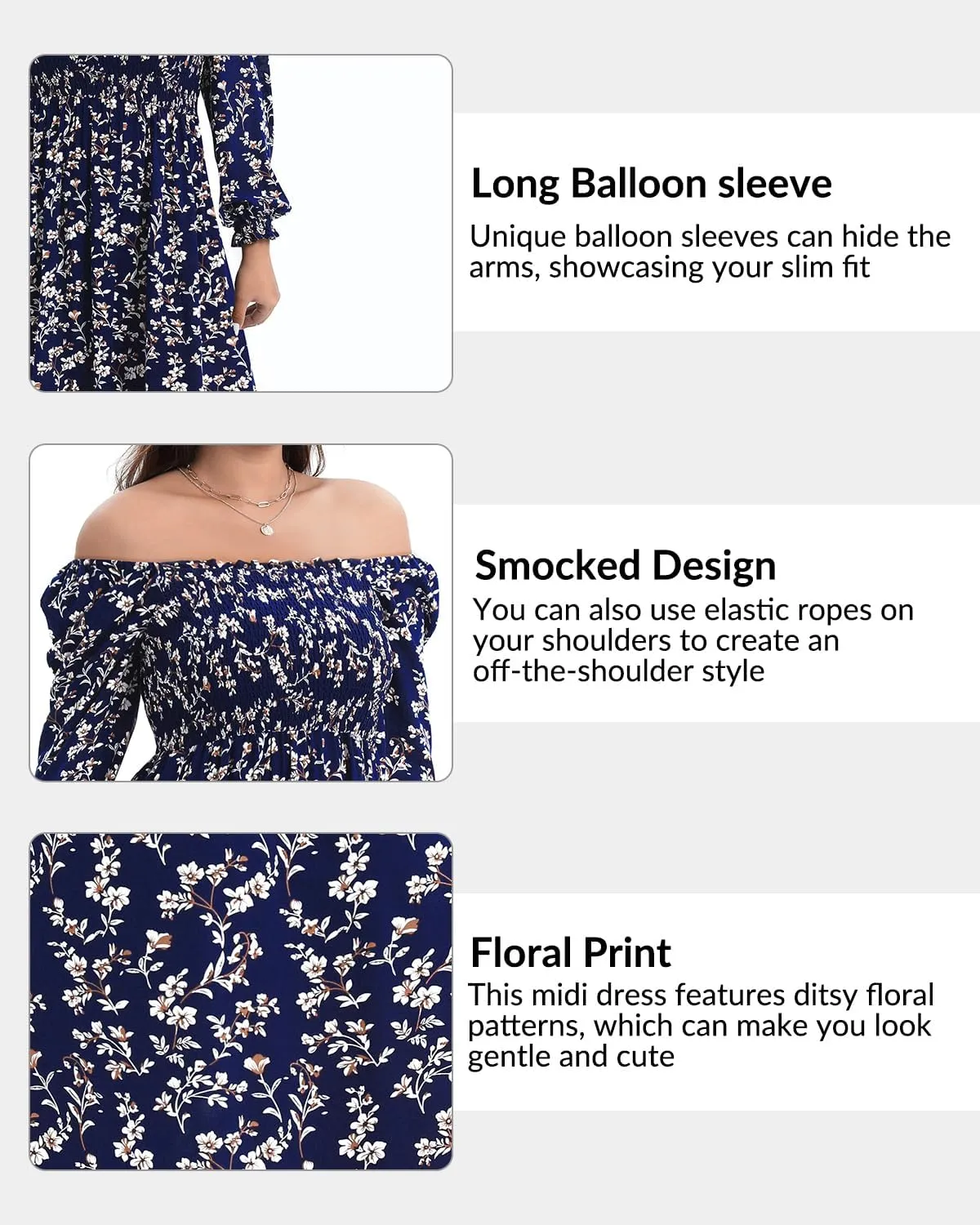 Women's Plus Size Boho Floral Print Balloon Long Sleeve Square Neck Long Midi Dress with Pockets