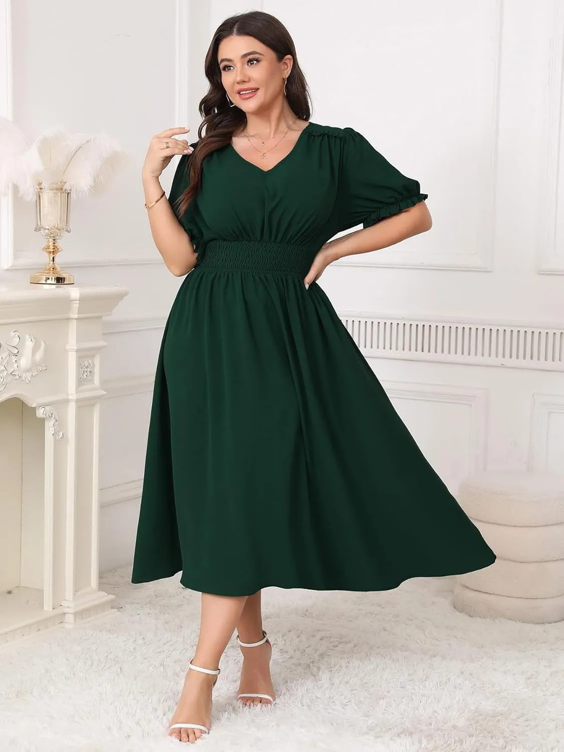 Women's Plus Size Midi Dress Short Sleeve V Neck Smocked Flowy A-Line Boho Wedding Party Dresses