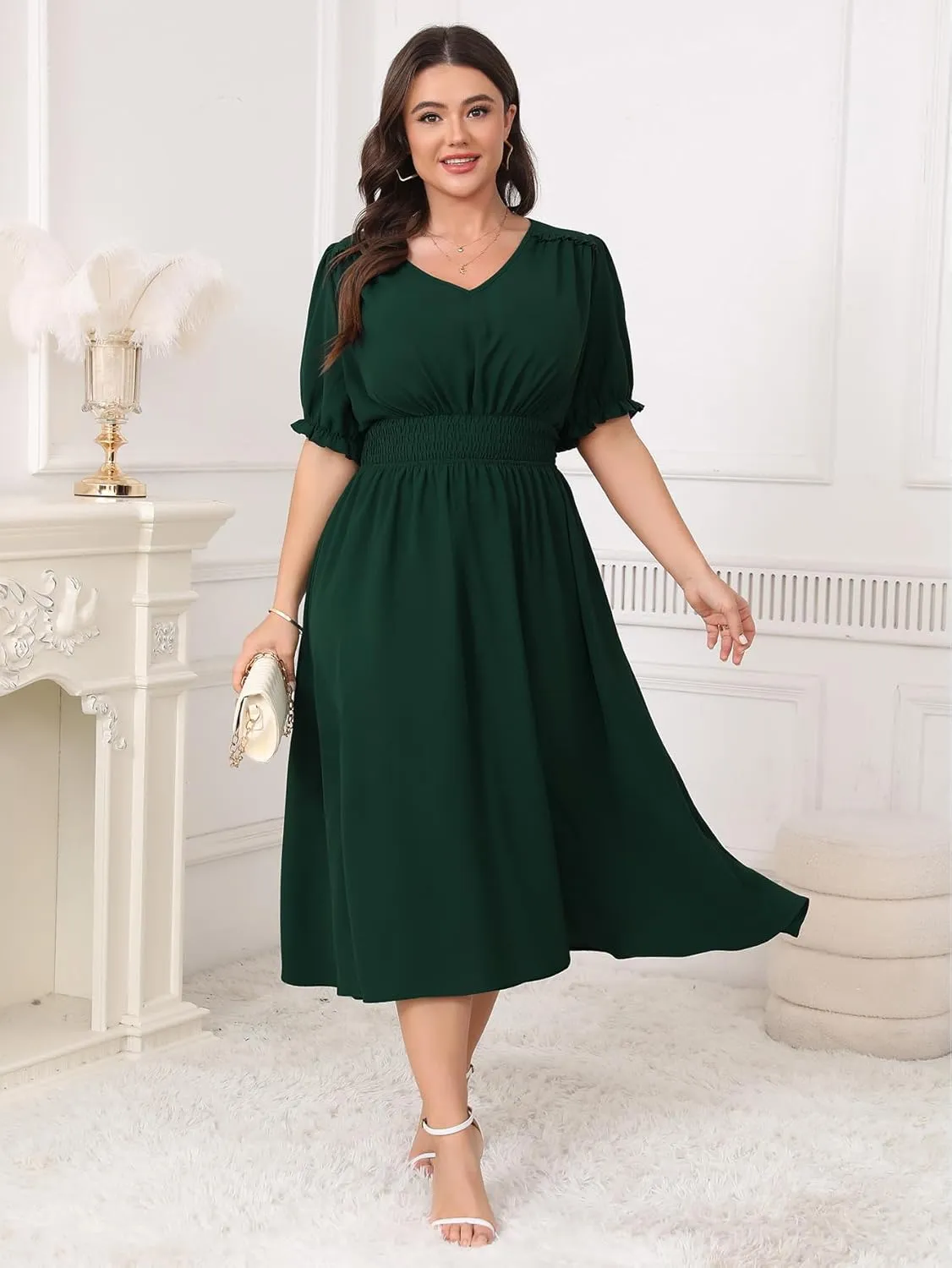Women's Plus Size Midi Dress Short Sleeve V Neck Smocked Flowy A-Line Boho Wedding Party Dresses