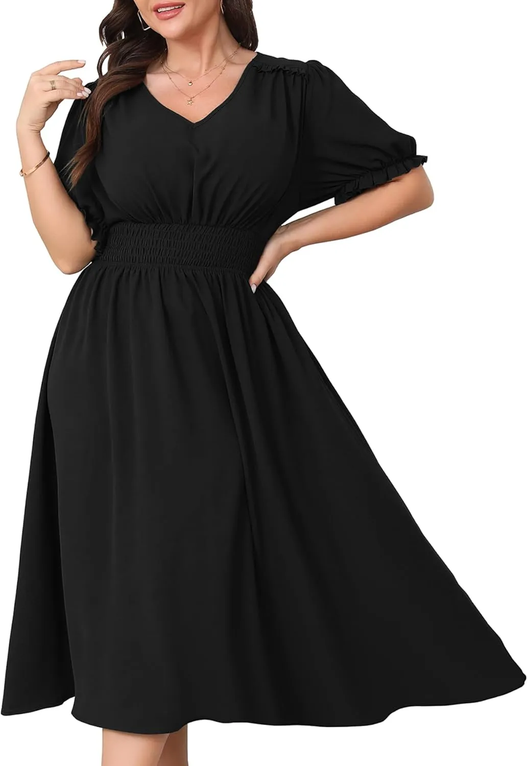 Women's Plus Size Midi Dress Short Sleeve V Neck Smocked Flowy A-Line Boho Wedding Party Dresses