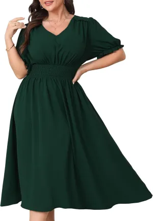 Women's Plus Size Midi Dress Short Sleeve V Neck Smocked Flowy A-Line Boho Wedding Party Dresses