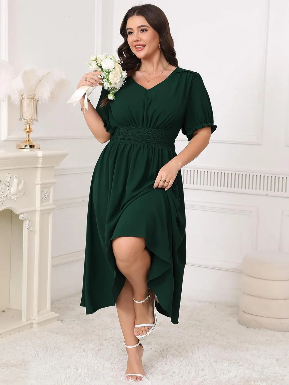 Women's Plus Size Midi Dress Short Sleeve V Neck Smocked Flowy A-Line Boho Wedding Party Dresses