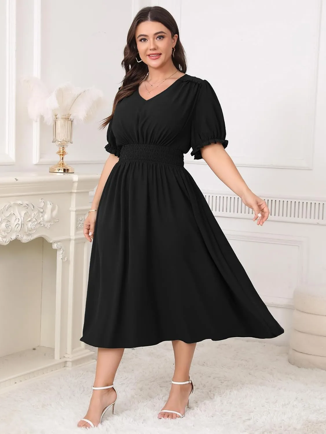 Women's Plus Size Midi Dress Short Sleeve V Neck Smocked Flowy A-Line Boho Wedding Party Dresses