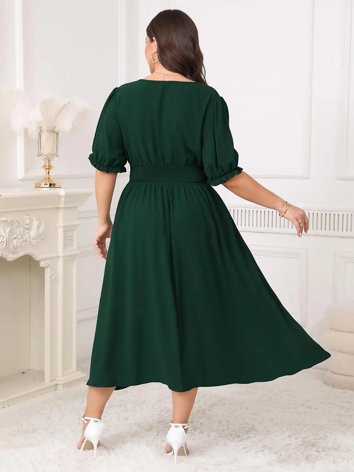 Women's Plus Size Midi Dress Short Sleeve V Neck Smocked Flowy A-Line Boho Wedding Party Dresses