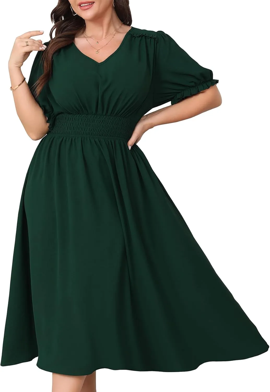 Women's Plus Size Midi Dress Short Sleeve V Neck Smocked Flowy A-Line Boho Wedding Party Dresses