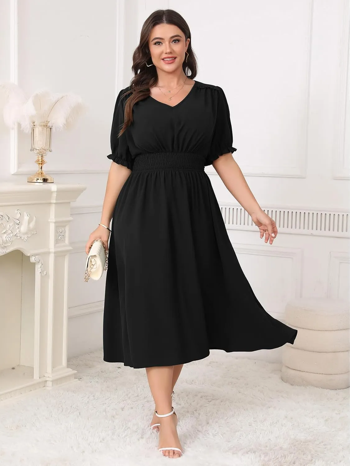 Women's Plus Size Midi Dress Short Sleeve V Neck Smocked Flowy A-Line Boho Wedding Party Dresses