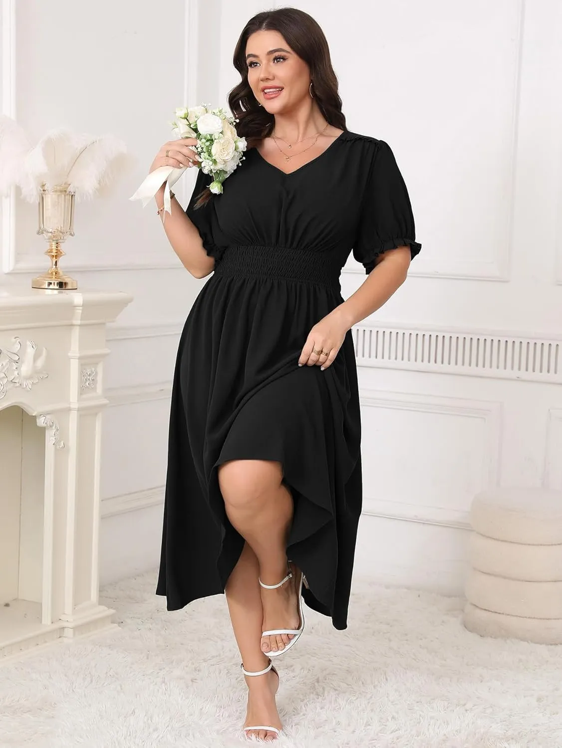 Women's Plus Size Midi Dress Short Sleeve V Neck Smocked Flowy A-Line Boho Wedding Party Dresses