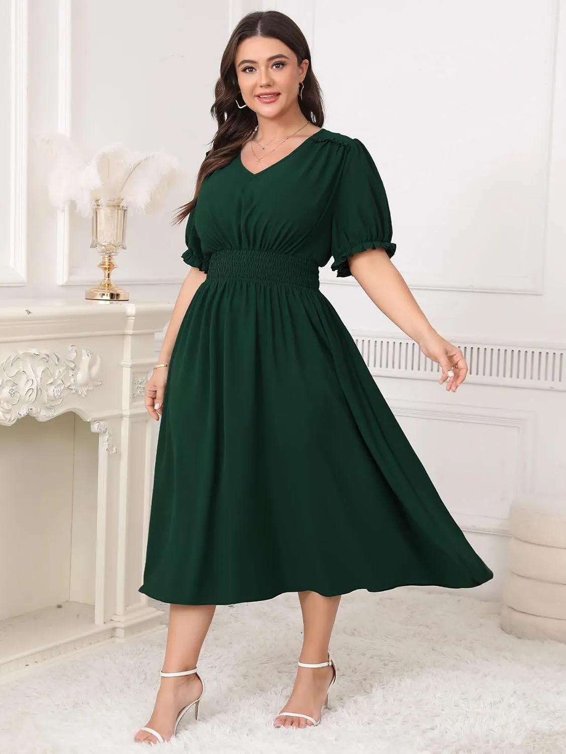 Women's Plus Size Midi Dress Short Sleeve V Neck Smocked Flowy A-Line Boho Wedding Party Dresses