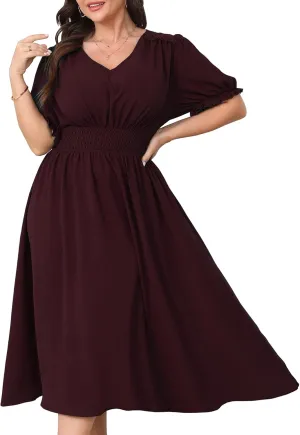 Women's Plus Size Midi Dress Short Sleeve V Neck Smocked Flowy A-Line Boho Wedding Party Dresses