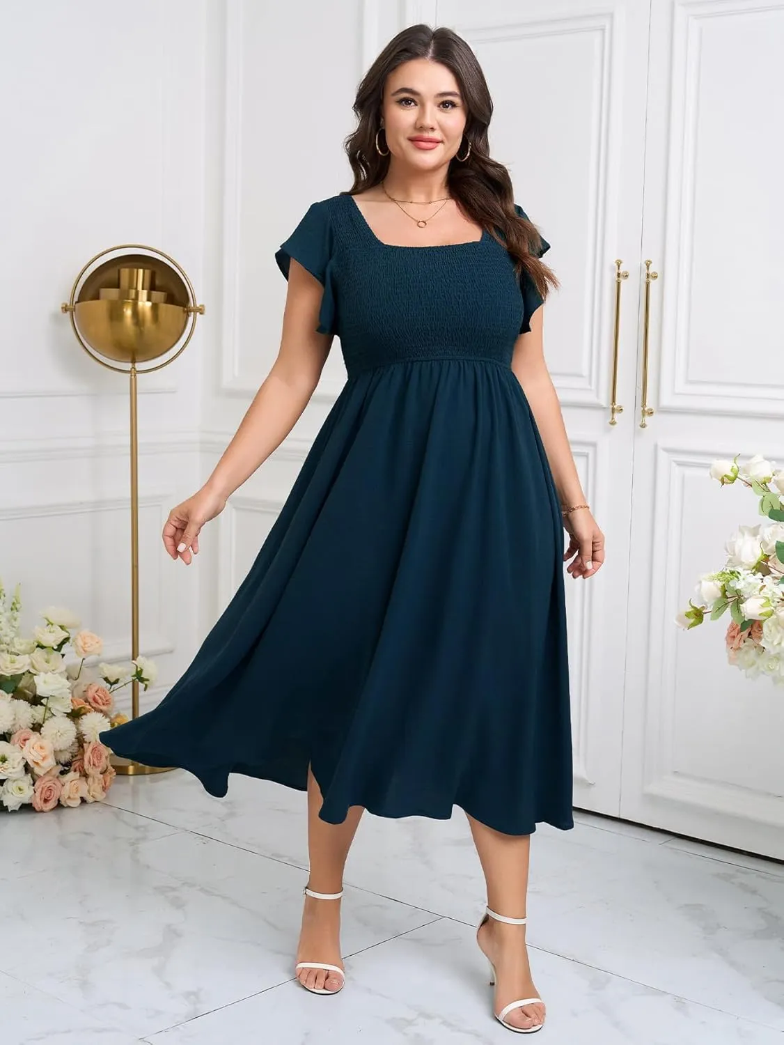 Women's Plus Size Summer Casual Flutter Short Sleeve Square Neck Smocked Elastic Waist Midi Dress