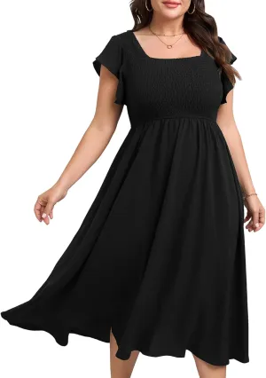 Women's Plus Size Summer Casual Flutter Short Sleeve Square Neck Smocked Elastic Waist Midi Dress