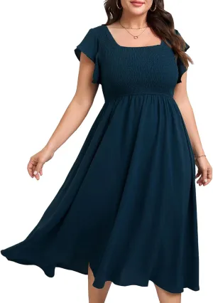 Women's Plus Size Summer Casual Flutter Short Sleeve Square Neck Smocked Elastic Waist Midi Dress