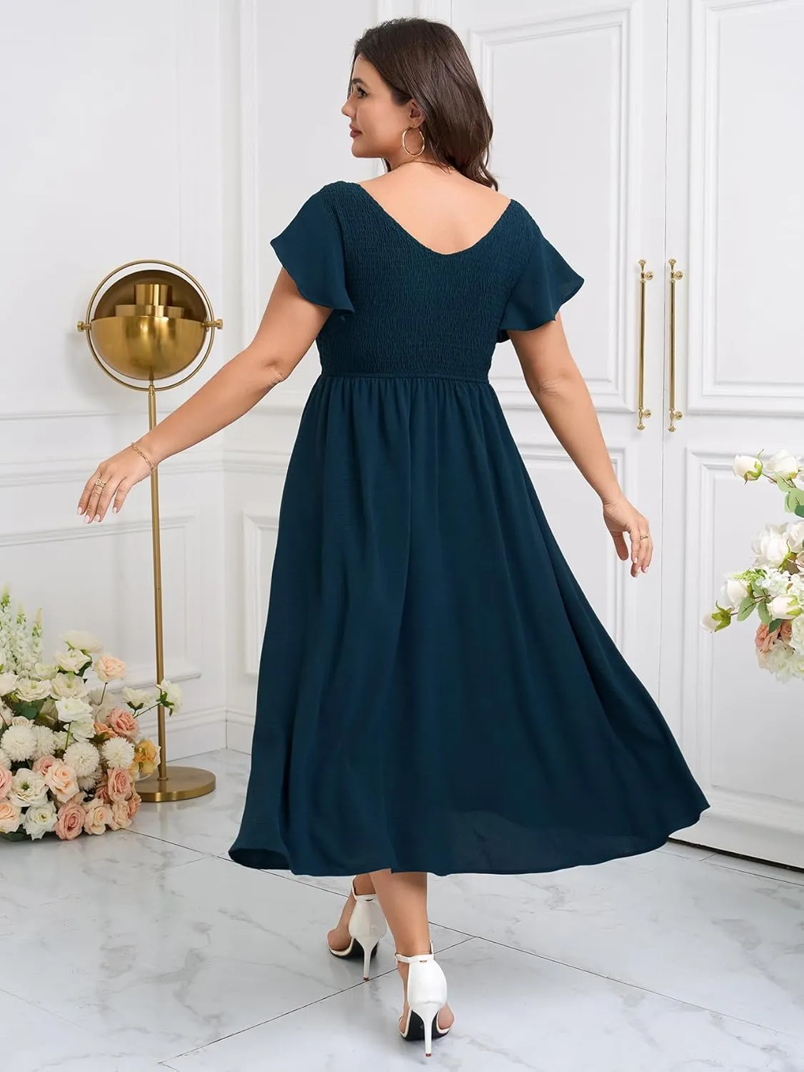 Women's Plus Size Summer Casual Flutter Short Sleeve Square Neck Smocked Elastic Waist Midi Dress