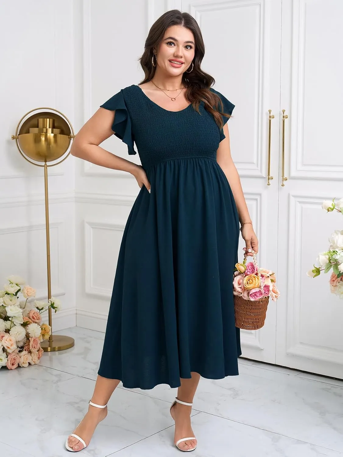 Women's Plus Size Summer Casual Flutter Short Sleeve Square Neck Smocked Elastic Waist Midi Dress