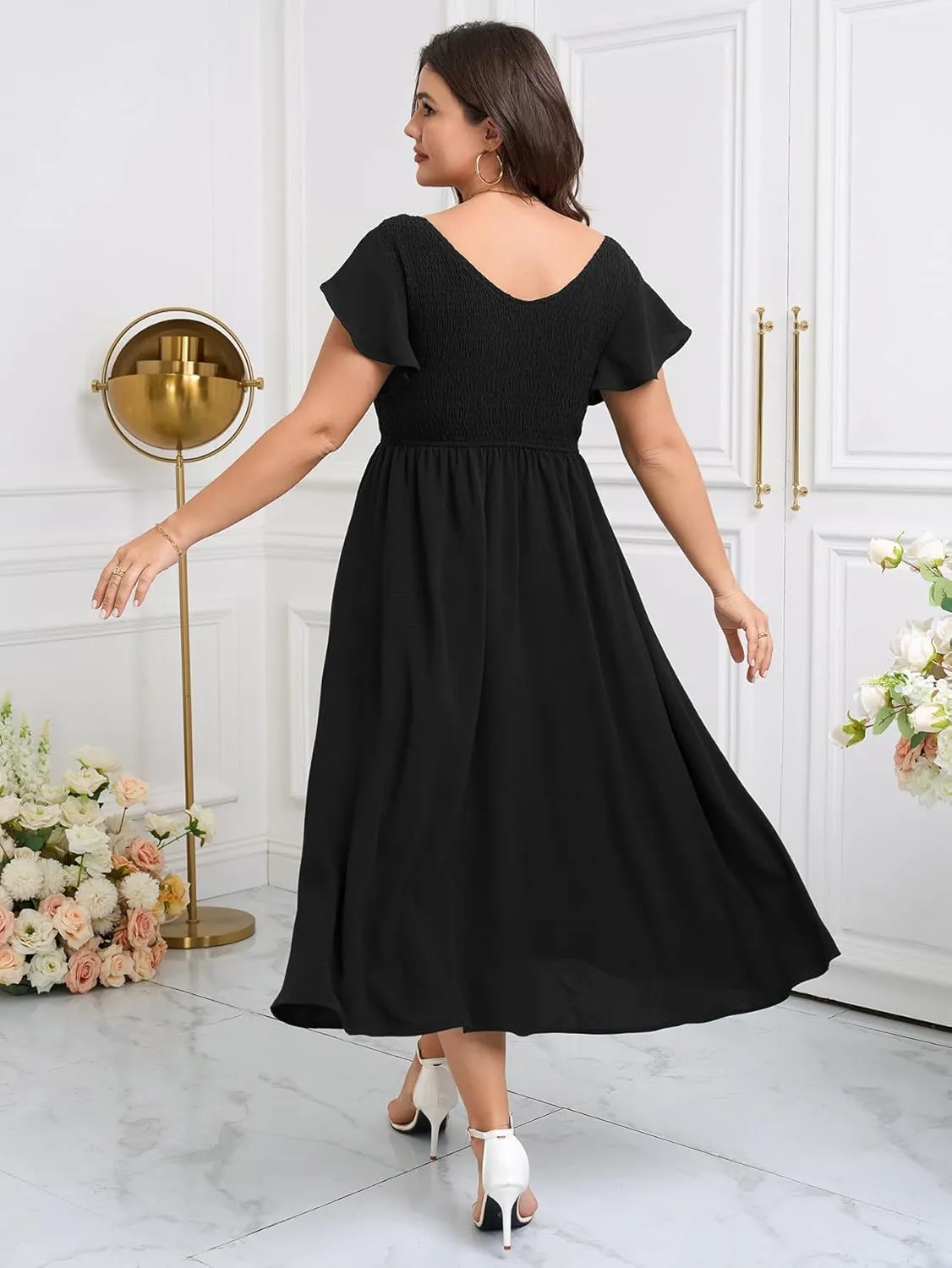 Women's Plus Size Summer Casual Flutter Short Sleeve Square Neck Smocked Elastic Waist Midi Dress