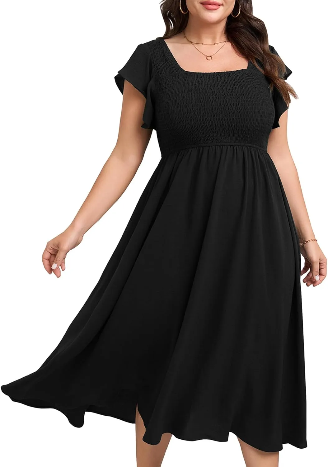 Women's Plus Size Summer Casual Flutter Short Sleeve Square Neck Smocked Elastic Waist Midi Dress