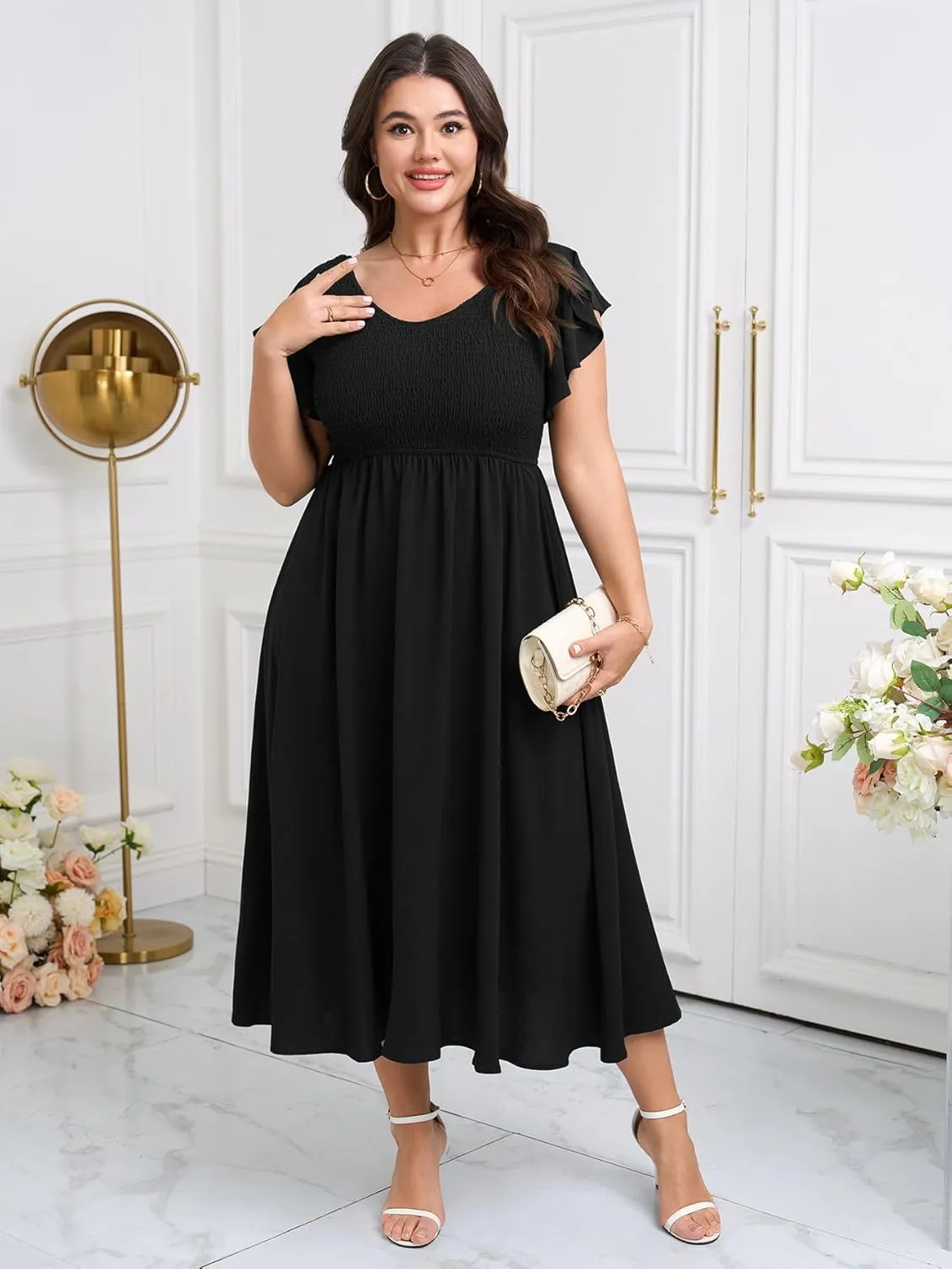 Women's Plus Size Summer Casual Flutter Short Sleeve Square Neck Smocked Elastic Waist Midi Dress