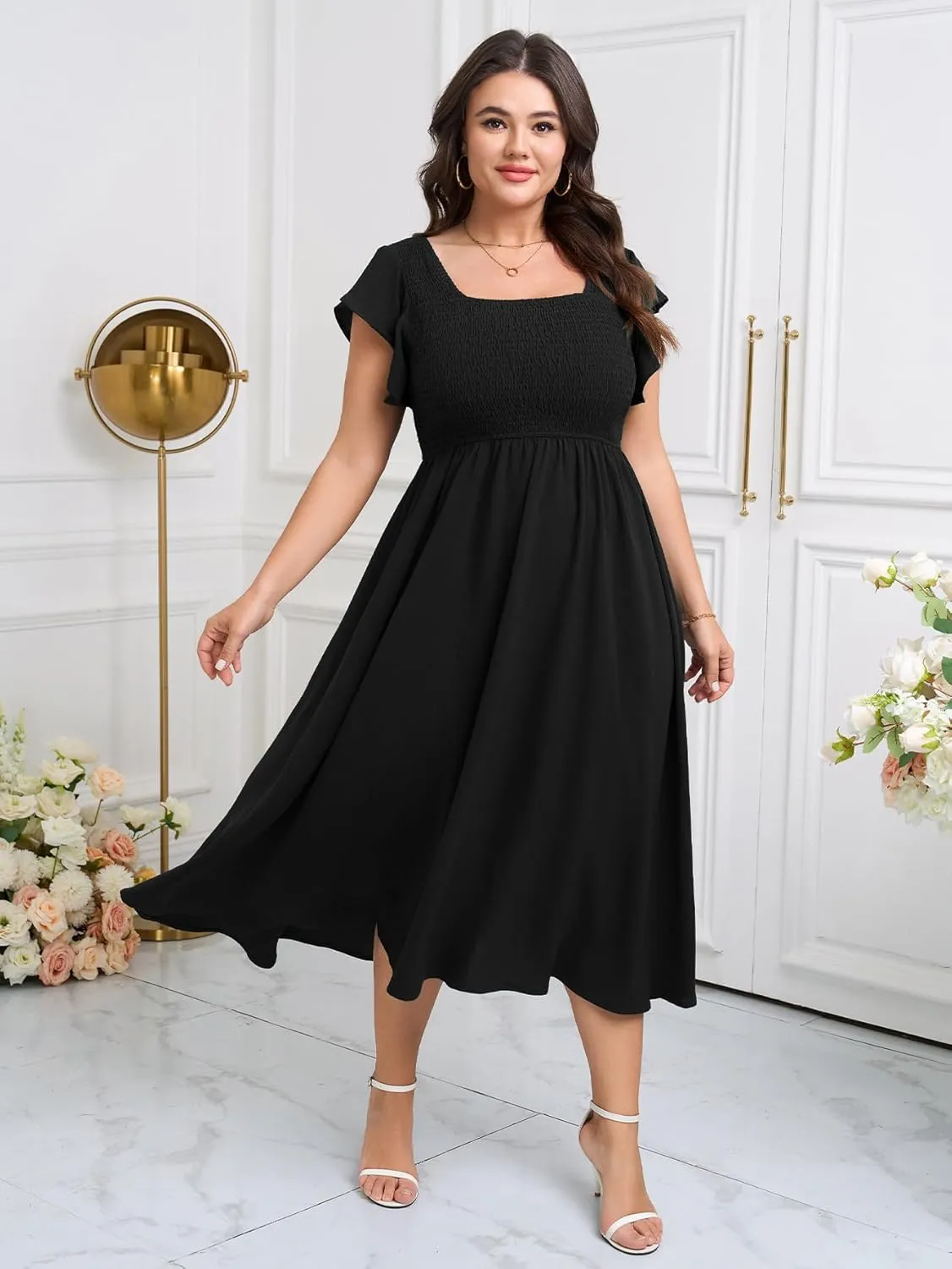 Women's Plus Size Summer Casual Flutter Short Sleeve Square Neck Smocked Elastic Waist Midi Dress