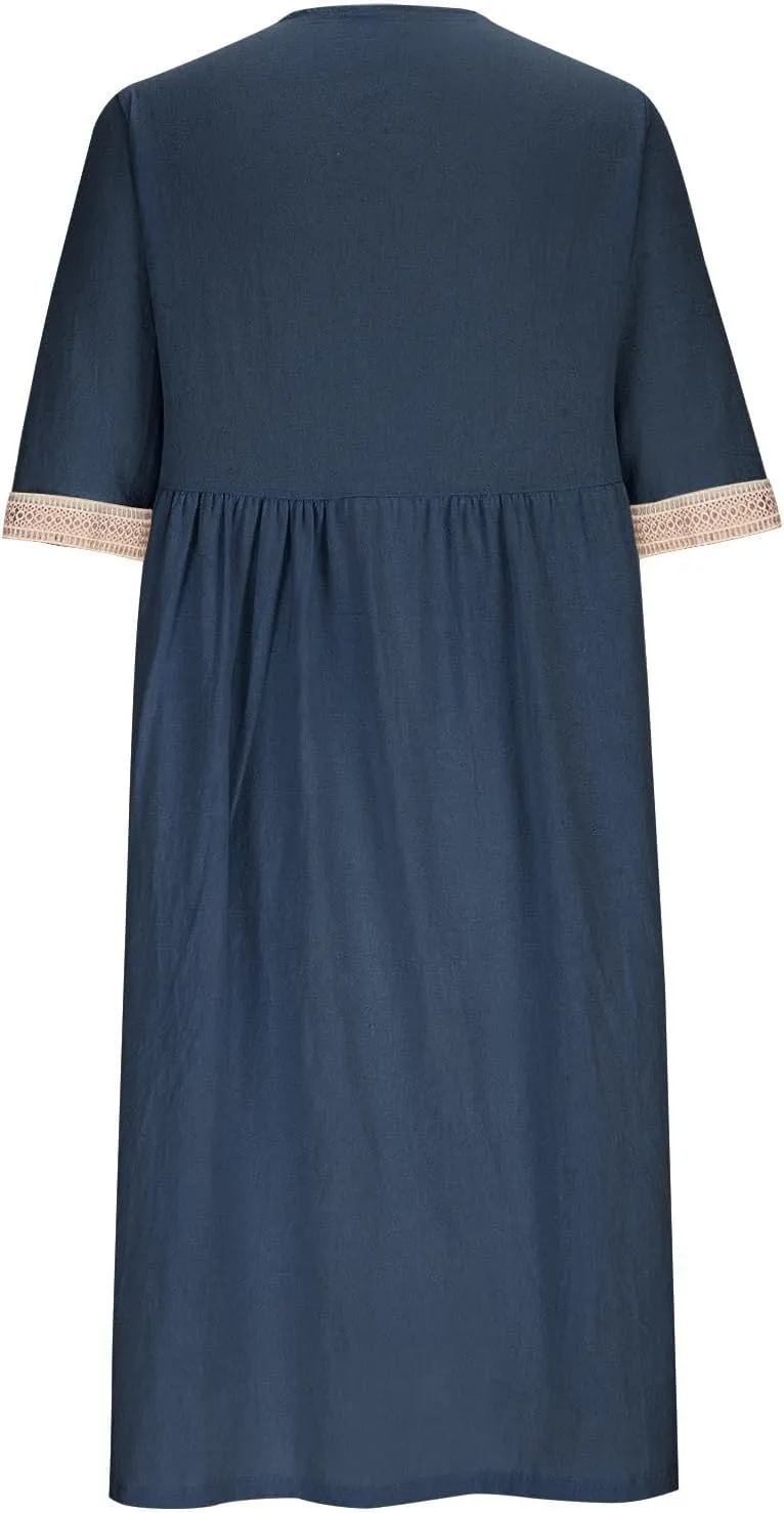 Womens Plus Size Summer Dresses Casual Lace Trim V Neck Short Sleeve A Line Boho Cotton Linen Maxi Dress with Pockets