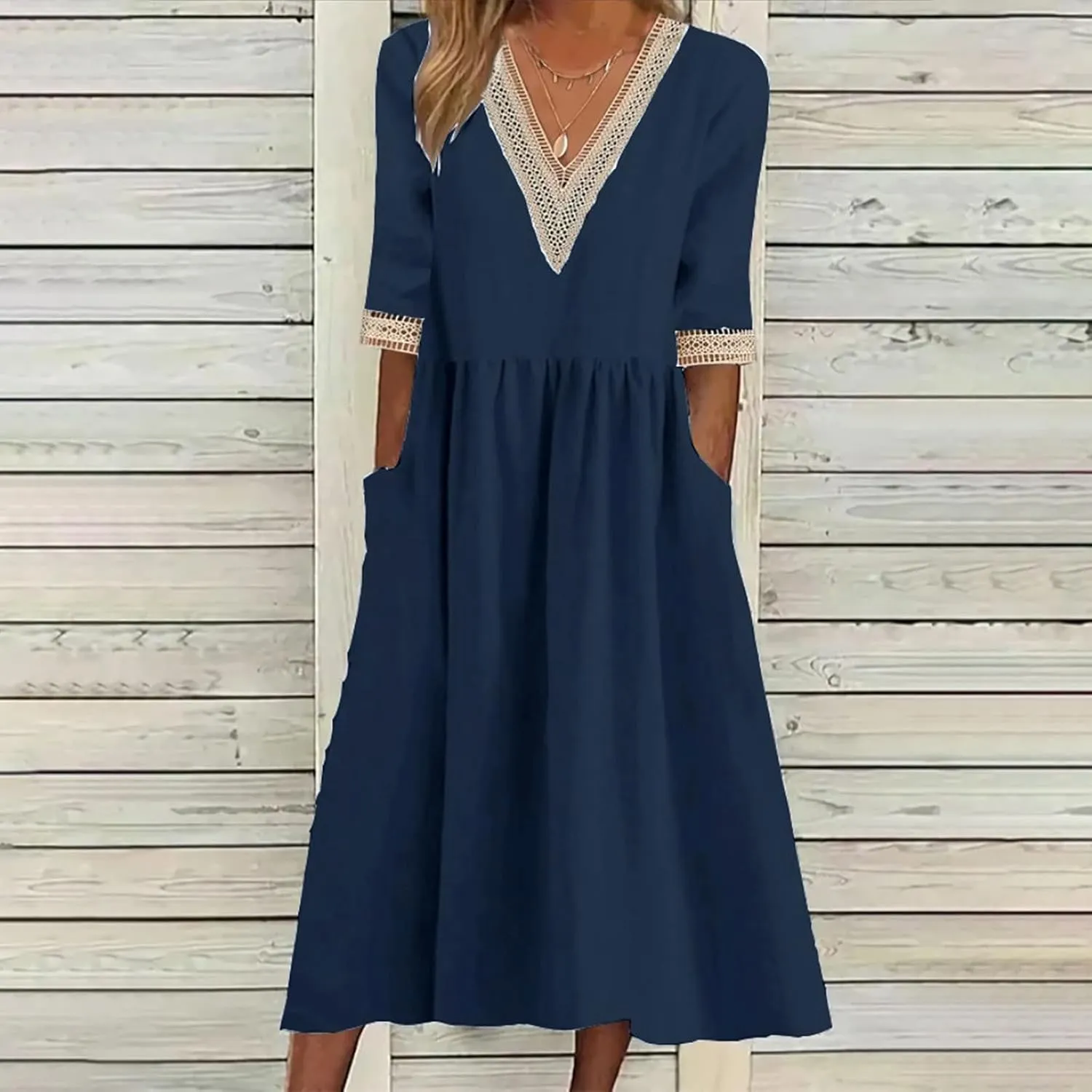 Womens Plus Size Summer Dresses Casual Lace Trim V Neck Short Sleeve A Line Boho Cotton Linen Maxi Dress with Pockets