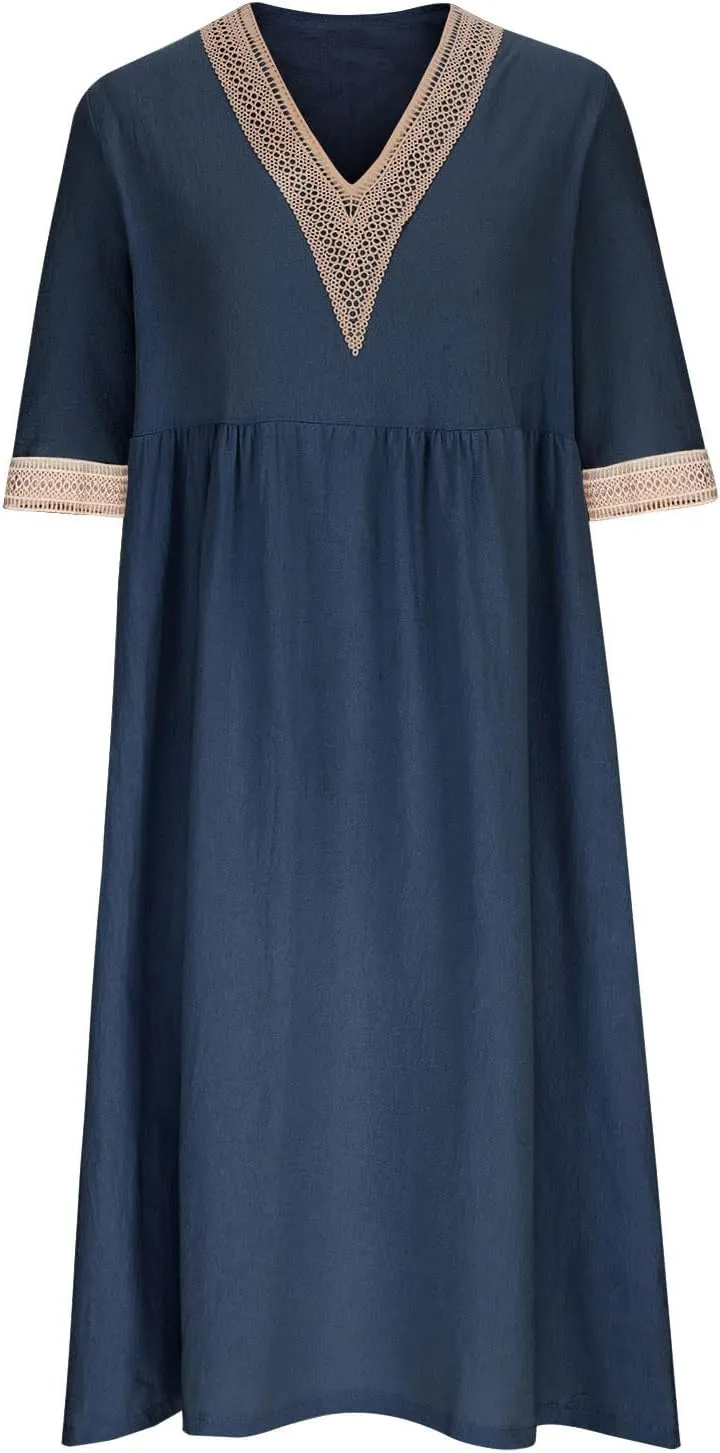 Womens Plus Size Summer Dresses Casual Lace Trim V Neck Short Sleeve A Line Boho Cotton Linen Maxi Dress with Pockets