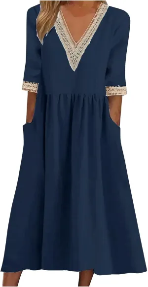 Womens Plus Size Summer Dresses Casual Lace Trim V Neck Short Sleeve A Line Boho Cotton Linen Maxi Dress with Pockets