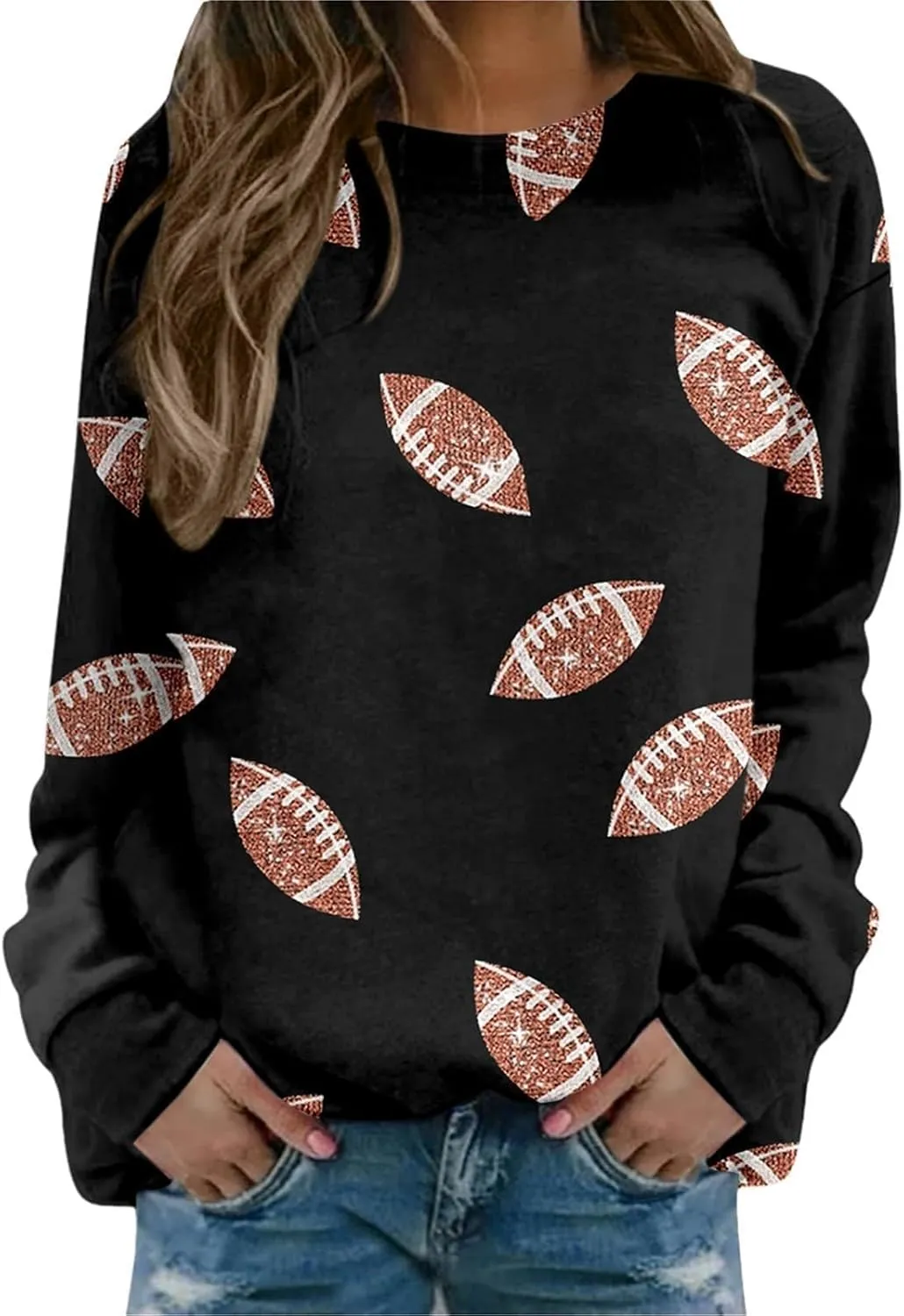 Womens Rugby Print Sweatshirt Casual Loose Crewneck Long Sleeve Drop Shoulder Pullovers Regular Fit Loose Active Tops