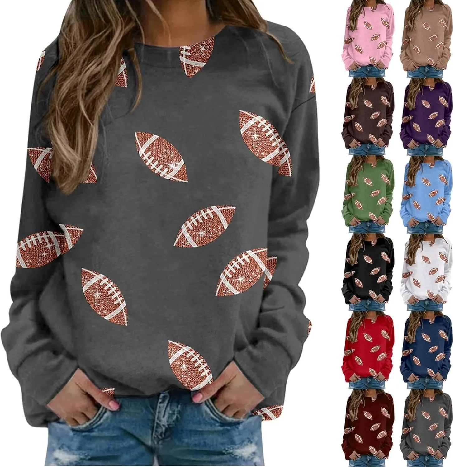 Womens Rugby Print Sweatshirt Casual Loose Crewneck Long Sleeve Drop Shoulder Pullovers Regular Fit Loose Active Tops