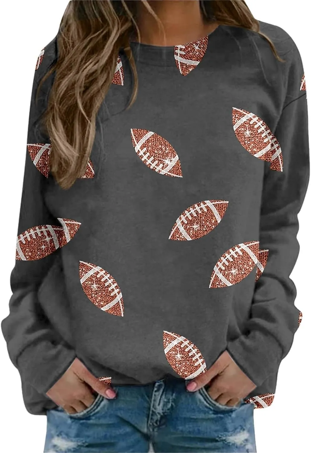 Womens Rugby Print Sweatshirt Casual Loose Crewneck Long Sleeve Drop Shoulder Pullovers Regular Fit Loose Active Tops