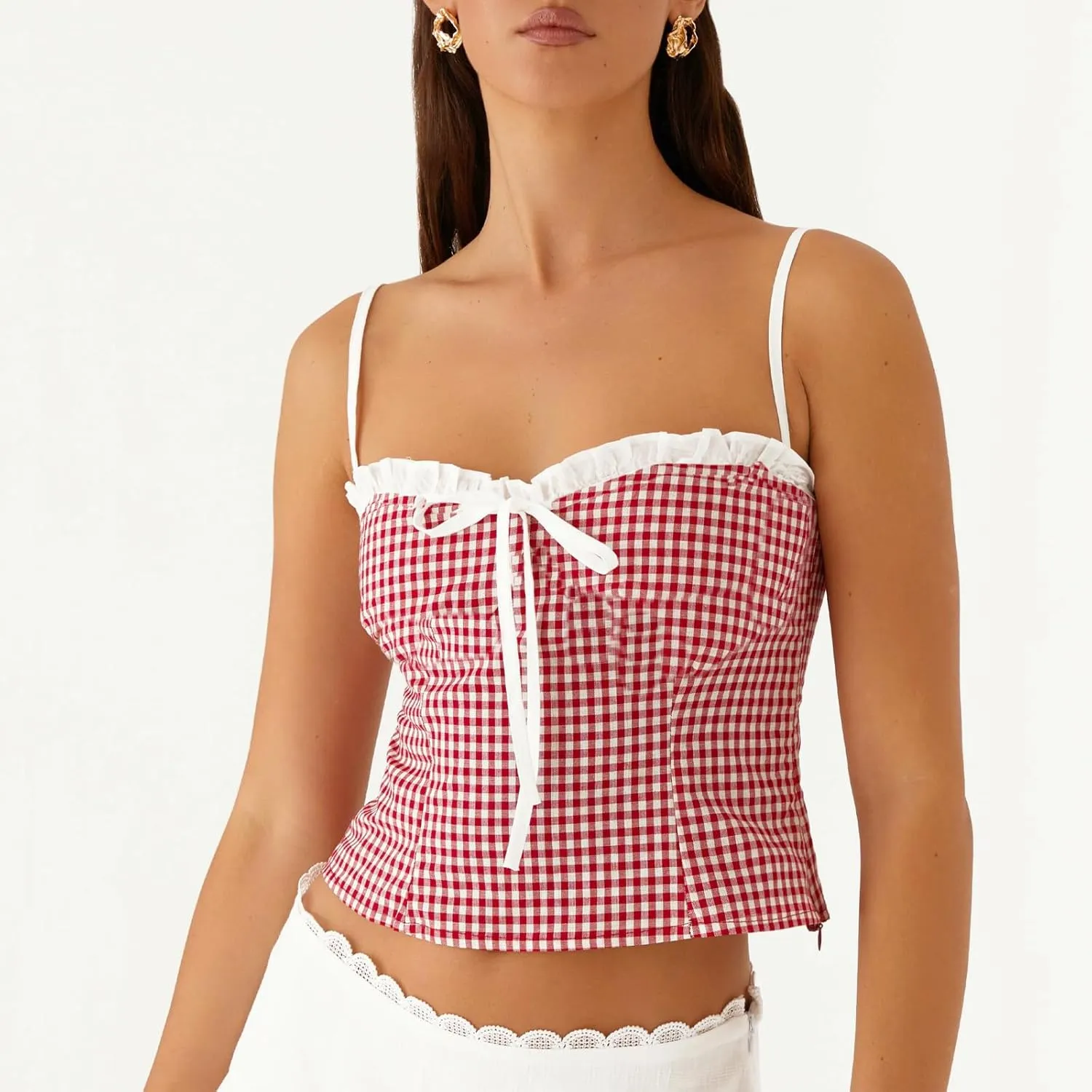 Womens Sexy Lace Trim Camisole Tank Tops Y2k Slim Fit Corset Going Out Streetwear Ruffle Spaghetti Strap Club Tops