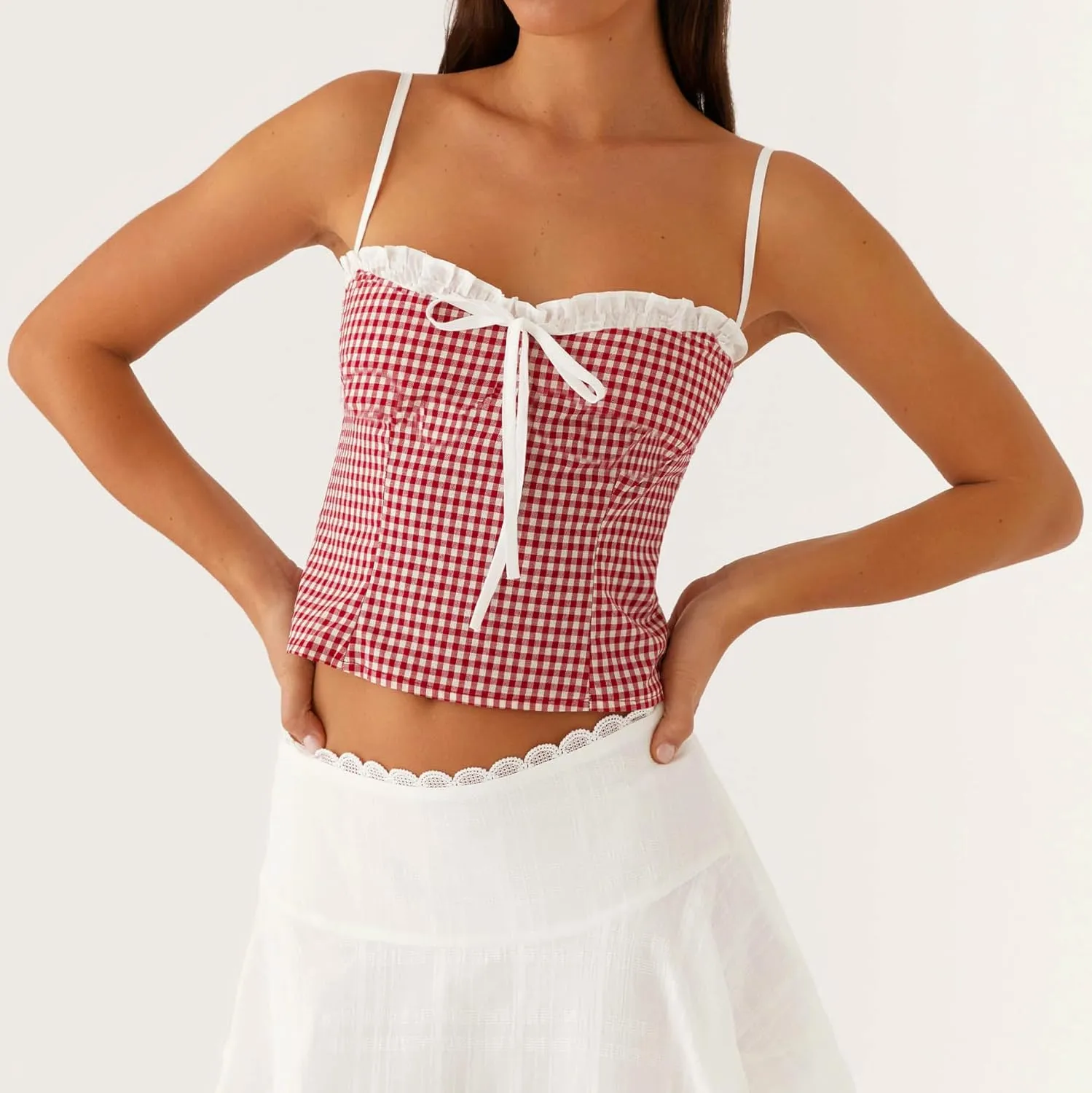Womens Sexy Lace Trim Camisole Tank Tops Y2k Slim Fit Corset Going Out Streetwear Ruffle Spaghetti Strap Club Tops