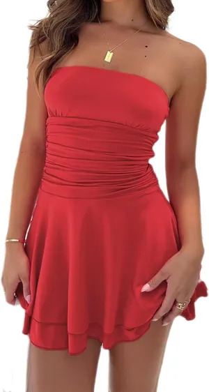 Women's Sexy Strapless Mini Dresses Summer Tube Ruched Ruffle Hem Corset A-line Short Party Club Dresses