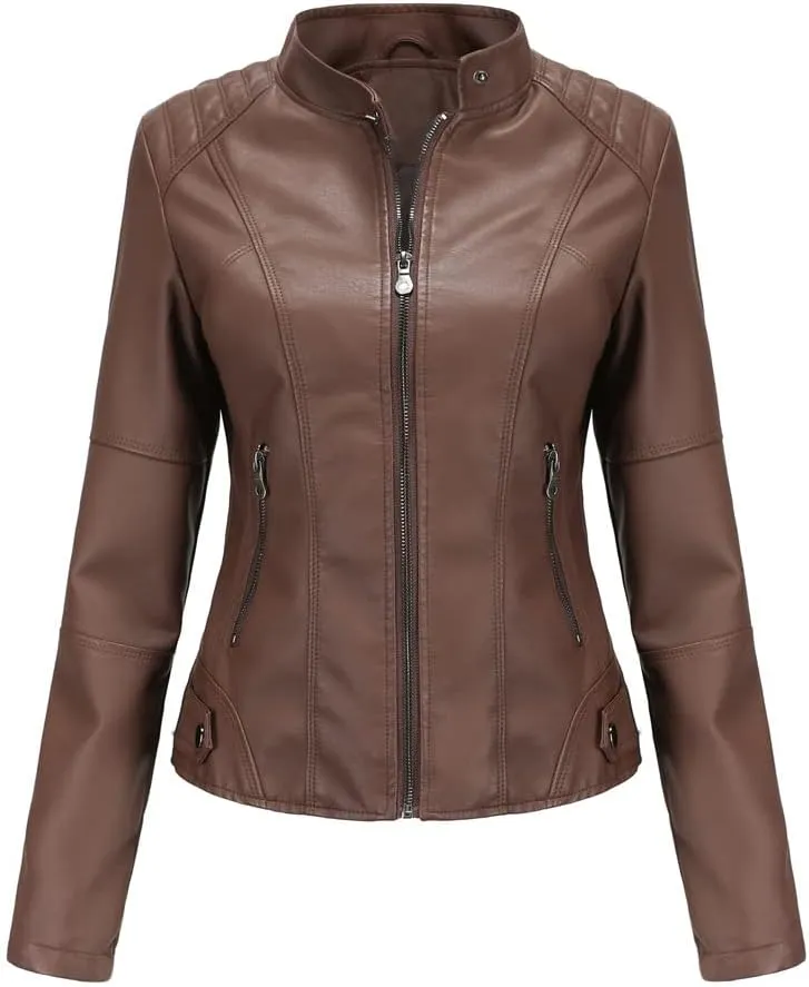 Women's slim fit leather Faux jacket,Women's Slim Stand-Up Solid Collar Color leather Faux jacket,Motorcycle Jacket