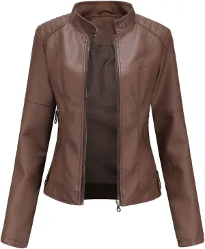 Women's slim fit leather Faux jacket,Women's Slim Stand-Up Solid Collar Color leather Faux jacket,Motorcycle Jacket