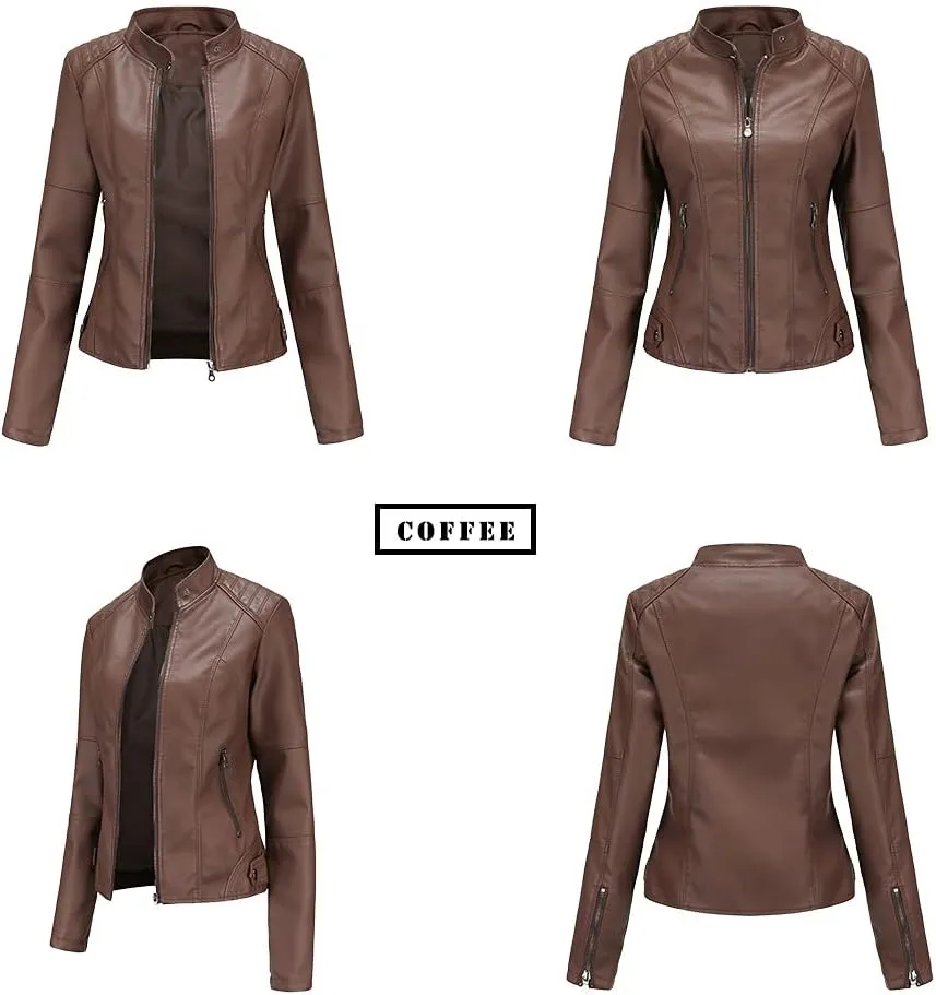 Women's slim fit leather Faux jacket,Women's Slim Stand-Up Solid Collar Color leather Faux jacket,Motorcycle Jacket