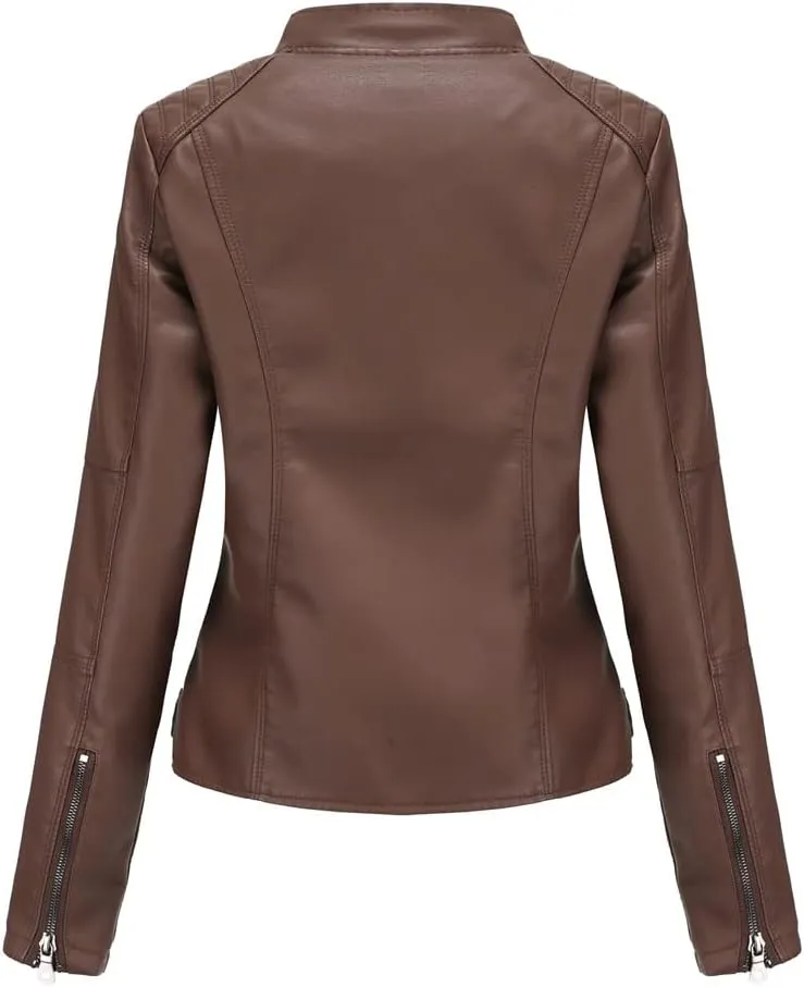 Women's slim fit leather Faux jacket,Women's Slim Stand-Up Solid Collar Color leather Faux jacket,Motorcycle Jacket
