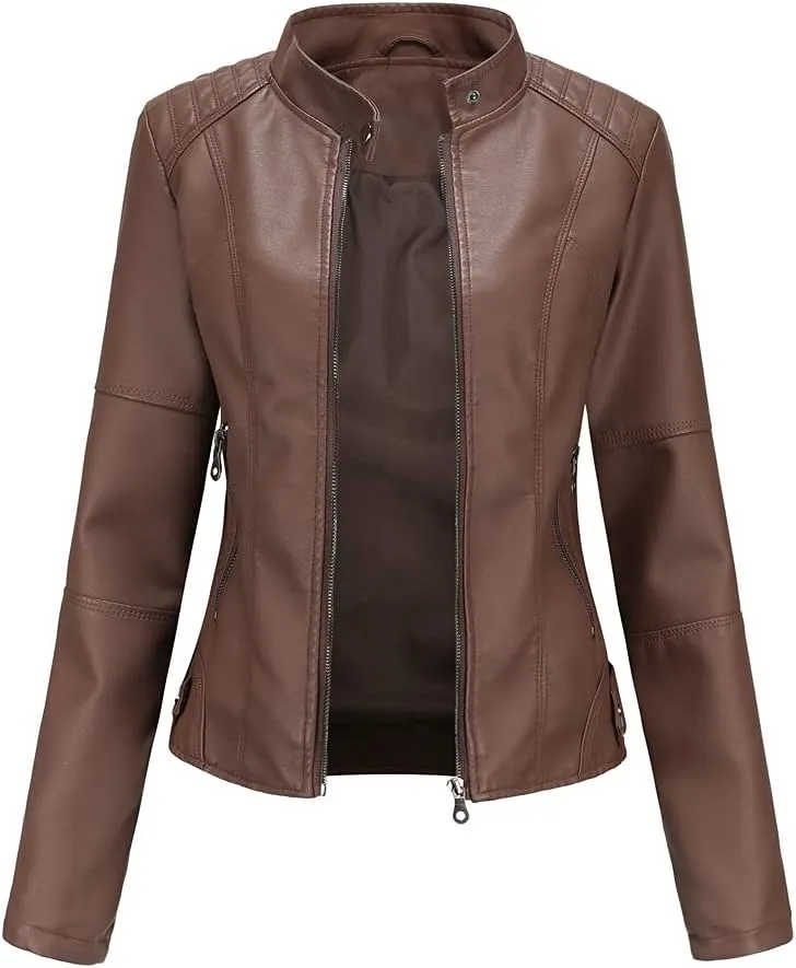 Women's slim fit leather Faux jacket,Women's Slim Stand-Up Solid Collar Color leather Faux jacket,Motorcycle Jacket