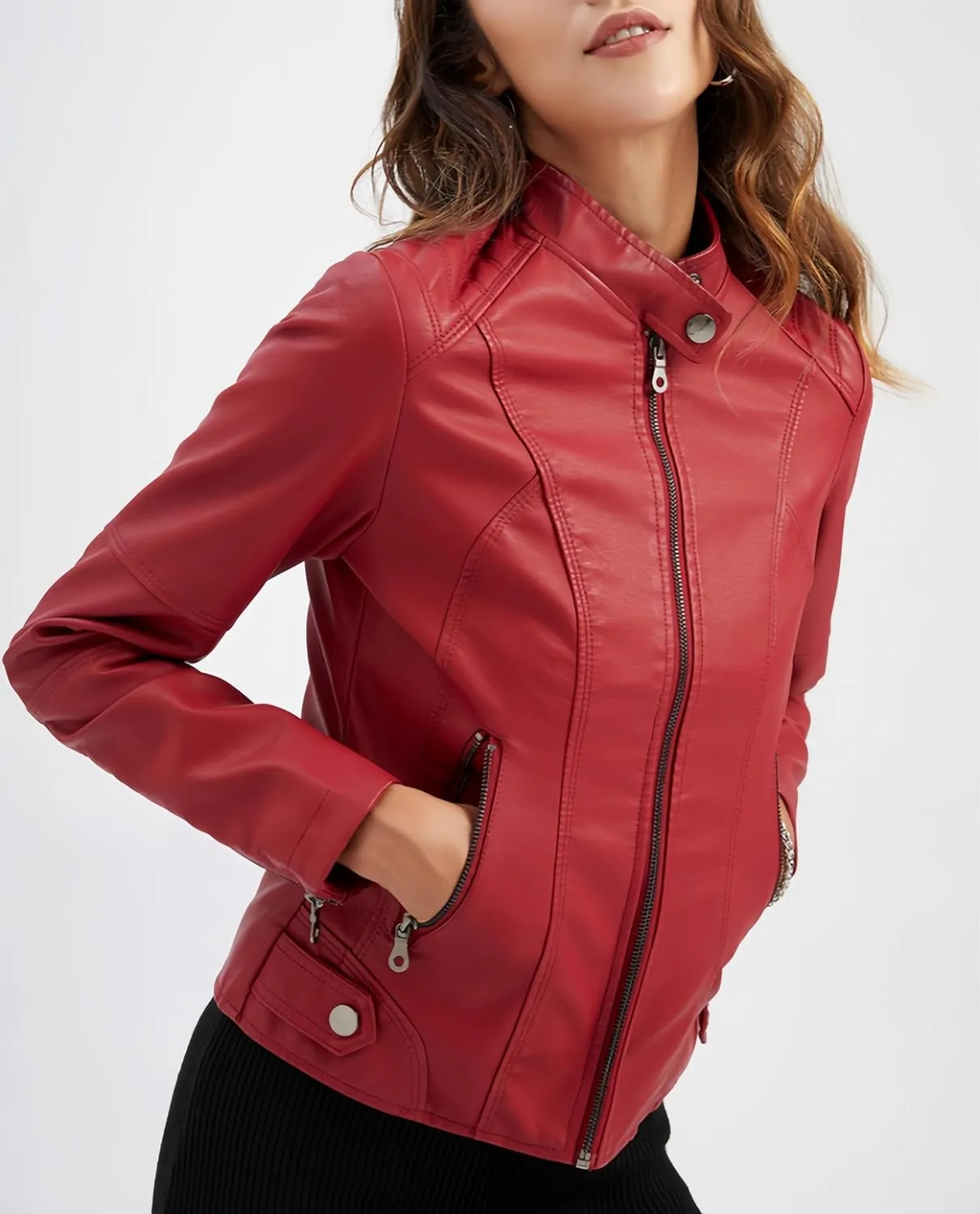Women's slim fit leather Faux jacket,Women's Slim Stand-Up Solid Collar Color leather Faux jacket,Motorcycle Jacket