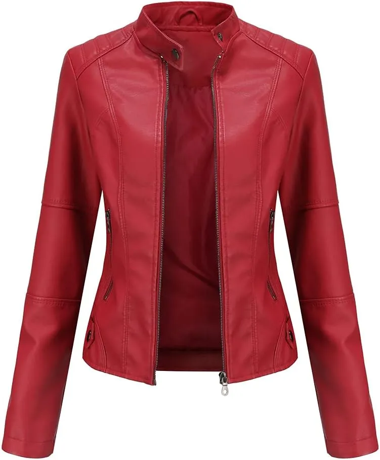 Women's slim fit leather Faux jacket,Women's Slim Stand-Up Solid Collar Color leather Faux jacket,Motorcycle Jacket