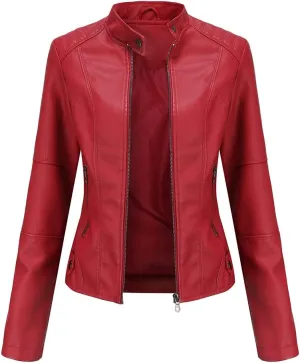 Women's slim fit leather Faux jacket,Women's Slim Stand-Up Solid Collar Color leather Faux jacket,Motorcycle Jacket