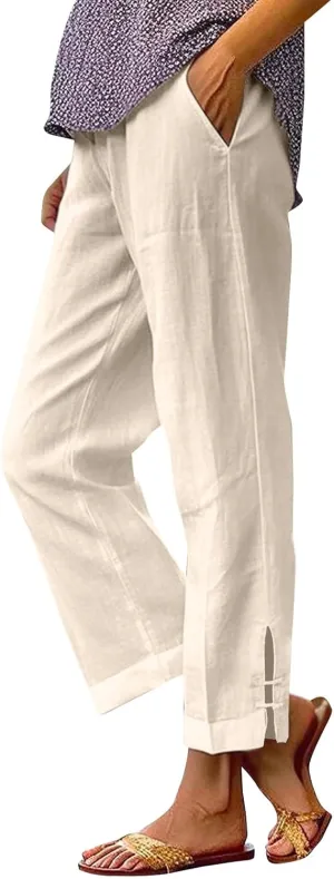 Women's Solid Cotton Linen Straight Pants High Waist Lounge Trouser Breathable Comfy Trousers for Casual Summer School