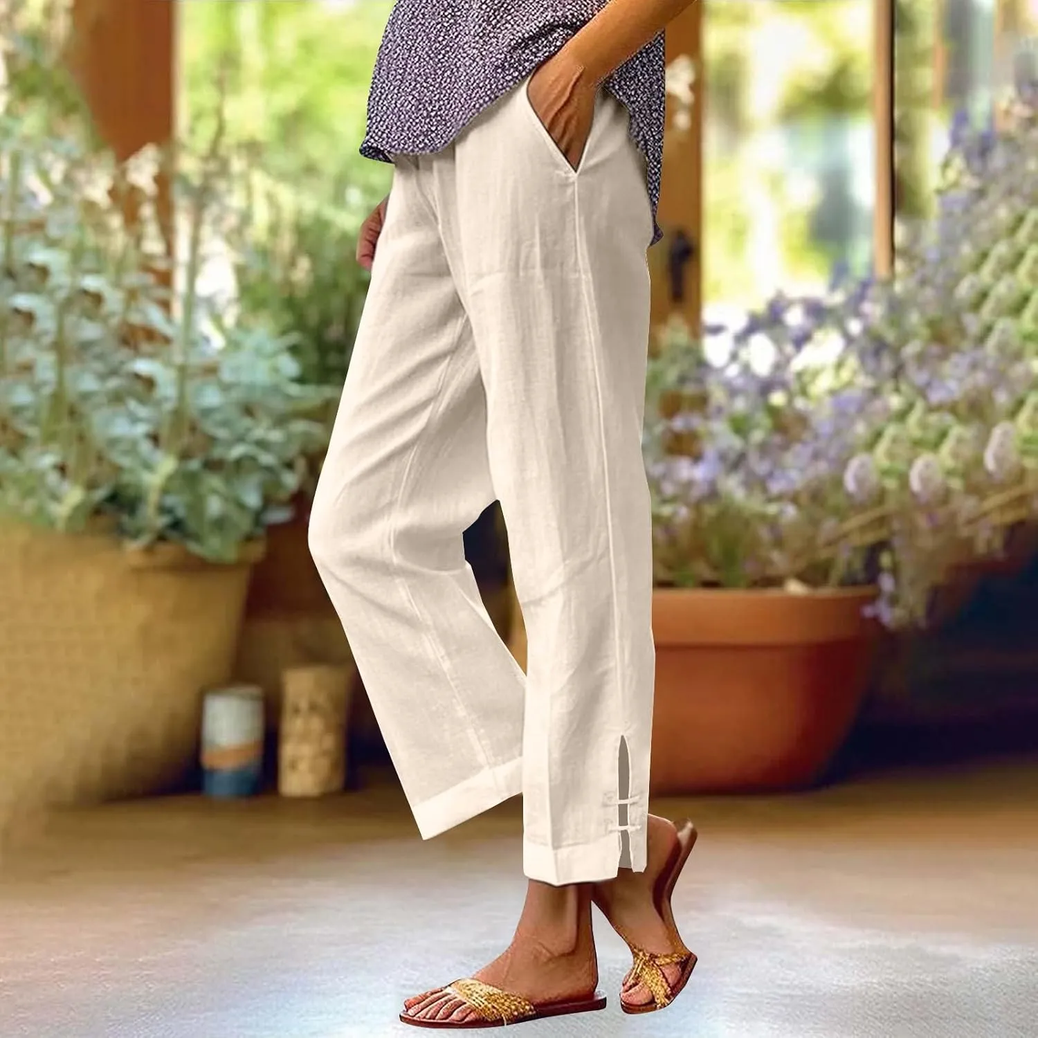 Women's Solid Cotton Linen Straight Pants High Waist Lounge Trouser Breathable Comfy Trousers for Casual Summer School