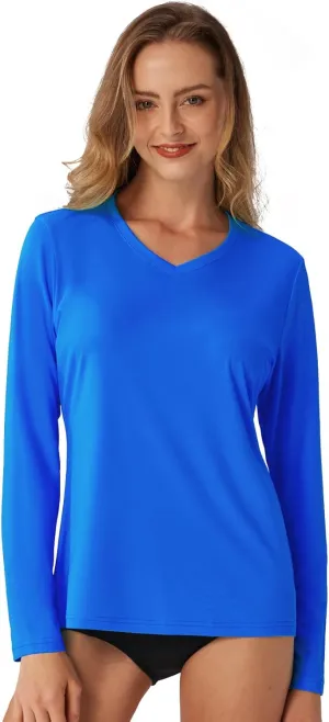 Women's Standard V-Neck UPF 50  Long Sleeve Swim Rash Guard Shirt