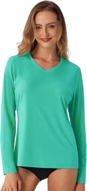 Women's Standard V-Neck UPF 50  Long Sleeve Swim Rash Guard Shirt