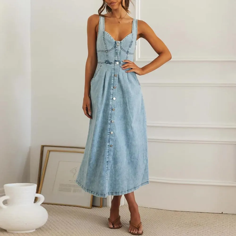 Women's Summer Casual Button Down Denim Dress Sleeveless Slim Fit Midi A-Line Jean Dress